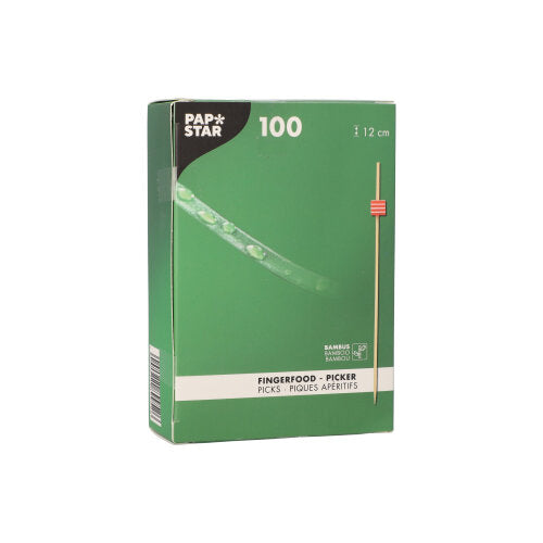 The 100 finger food picks from PAPSTAR GmbH are packed in a green box with 12 cm long wooden picks and multilingual product information - ideal for decorating buffets. The front shows a picker.