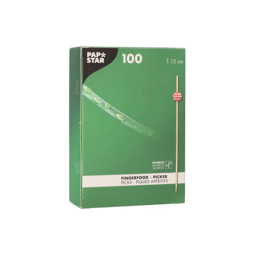 The green box of PAPSTAR 100 finger food picks by PAPSTAR GmbH shows a wooden pick image. The box contains 100 bamboo picks, each 12 cm long, with product information in several languages on the front.