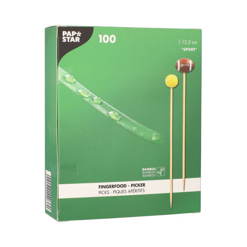 Eine grüne PAPSTAR GmbH Box mit 100 Fingerfood-Pickern, je 12,5 cm, mit Bambusdesign und Fuß- und Fußbällen.