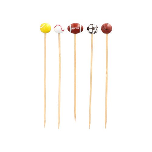 The finger food picks "Sport" (12.5 cm, pack of 40) from PAPSTAR GmbH are perfect for party snacks. They are each equipped with a sports ball (tennis, baseball, American football, soccer, basketball) and arranged in a straight line on a white background.