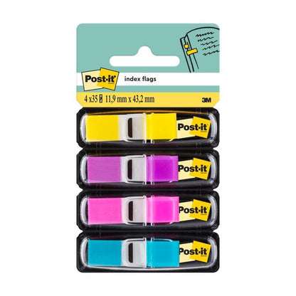 The 3M Deutschland GmbH Post-it® Index Tabs Mini Set contains four dispensers (yellow, pink, purple, blue) with 35 flags each in the size 11.9 mm x 43.2 mm.