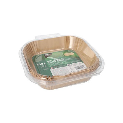A transparent plastic container from PAPSTAR GmbH contains a stack of brown, square "PAPSTAR 100 baking papers for square air fryers" with a non-stick green label with product details on top.