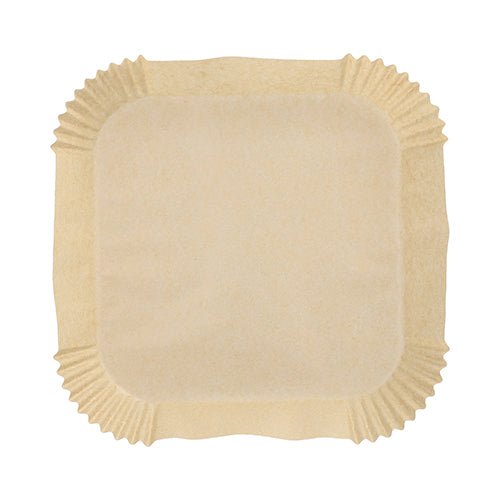 A single square beige PAPSTAR 100 baking papers for square air fryers from PAPSTAR GmbH with rounded corners and folded edges, ideal for snacks or use in the air fryer, shown from above on a white background.