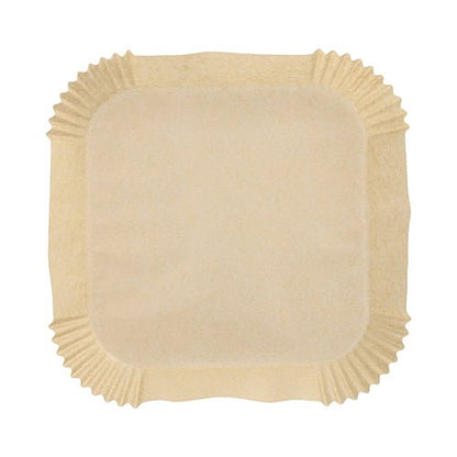 A single square beige PAPSTAR 100 baking papers for square air fryers from PAPSTAR GmbH with rounded corners and folded edges, ideal for snacks or use in the air fryer, shown from above on a white background.