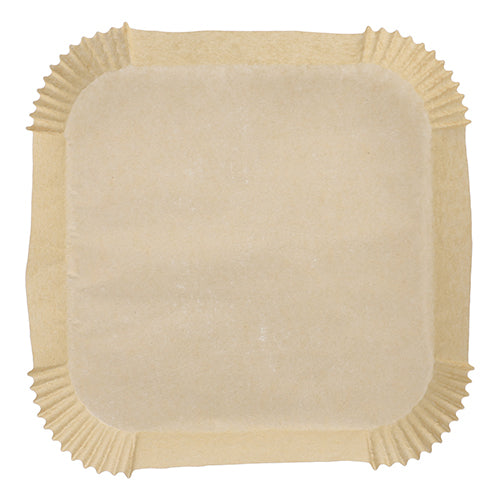 A square PAPSTAR 100 baking papers for square air fryers from PAPSTAR GmbH with folded edges and corners, lies flat on a white surface - ideal for use in air fryers.