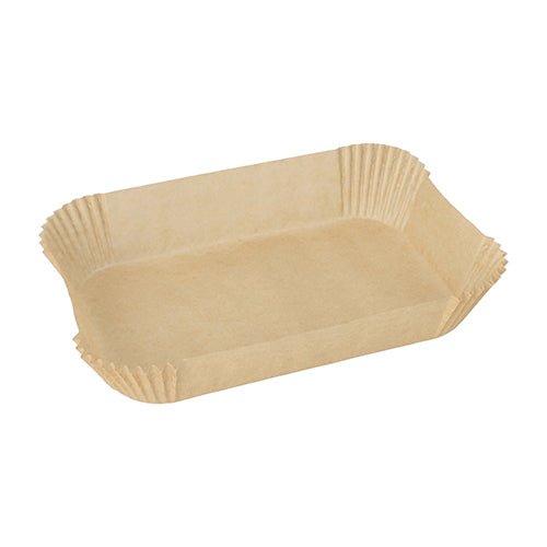 The PAPSTAR 100 baking papers for square air fryers from PAPSTAR GmbH are rectangular, brown, pleated paper trays with raised edges - non-stick and perfect for serving snacks or baked goods in air fryers.