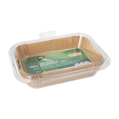 A transparent plastic container from PAPSTAR GmbH holds 100 brown, rectangular non-stick baking papers for square air fryers, neatly stacked and labeled "PAPSTAR 100 baking papers for square air fryers".