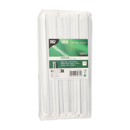 The PAPSTAR GmbH 100 straws, paper Ø 6 mm are 20 cm long paper straws, individually wrapped in clear plastic and carry a green and white label with product details.