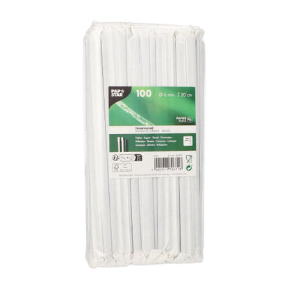 The PAPSTAR GmbH 100 straws, paper Ø 6 mm are 20 cm long paper straws, individually wrapped in clear plastic and carry a green and white label with product details.