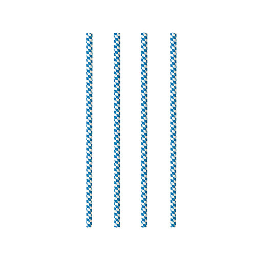 Four identical PAPSTAR 100 paper straws (Ø 6 mm, by PAPSTAR GmbH) with vertical blue and white stripes are evenly distributed on a plain white background.