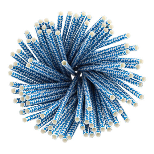 Top view of PAPSTAR GmbH 100 straws, paper Ø 6 mm in blue and white patterns, closely lined up in a circle formation.