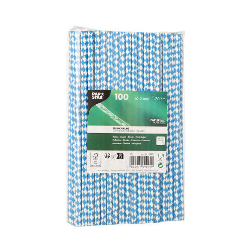 PAPSTAR 100 straws made of paper (Ø 6 mm) from PAPSTAR GmbH, in plastic packaging with a visible label - eco-friendly, sustainable blue and white straws.