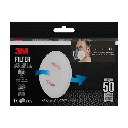 Pictured is a package of the 3M™ Particulate Filter 2135, P3 (1 pair/pack) from 3M Deutschland GmbH, highlighting compatibility with respirators and P3 protection. The package features a photo of a person wearing the filters on a mask.