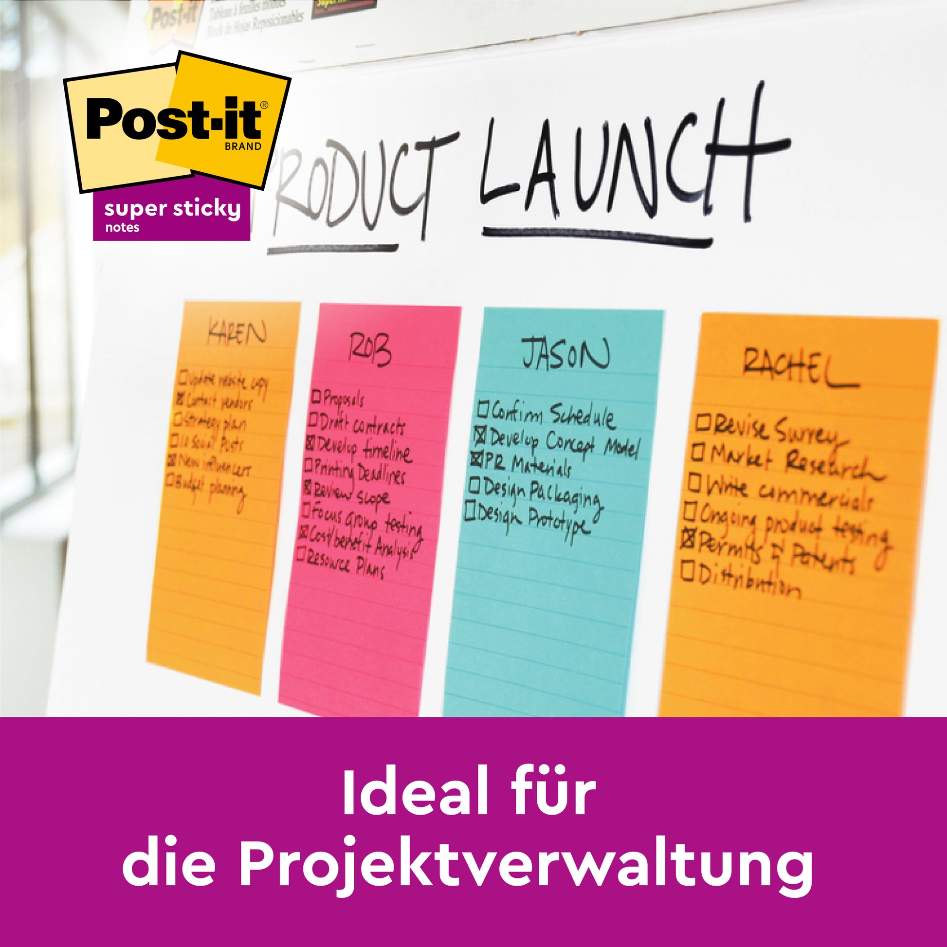 Ein Whiteboard zeigt "Product Launch" und vier farbige Post-it® Notes im Großformat, Gelb, 101 mm x 152 mm von 3M Deutschland GmbH mit Namen und To-Do-Listen. Post-it Super Sticky Logo und Text: "Ideal für die Projektverwaltung.