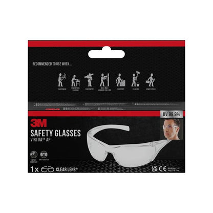 Pictured is a package of 3M™ Virtua™ Safety Glasses AP, clear lens from 3M Deutschland GmbH with images of the safety glasses and a person wearing them. The packaging highlights UV 99.9% eye protection for various applications.