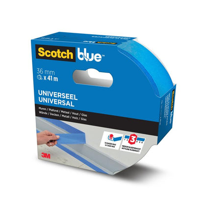 A roll of 3M Deutschland GmbH ScotchBlue™ Painter's Tape "Multi-Surface", 36 mm x 41 m, in blue packaging. The packaging shows usage on walls, metal, wood, and glass, highlighting universal compatibility.