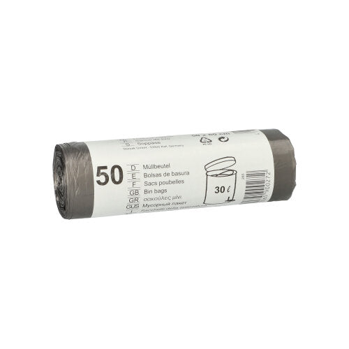 A roll with 50 gray Starpak HDPE garbage bags (30 l, 60 x 50 cm) is delivered with a white band with product information and an image of an open garbage bag.