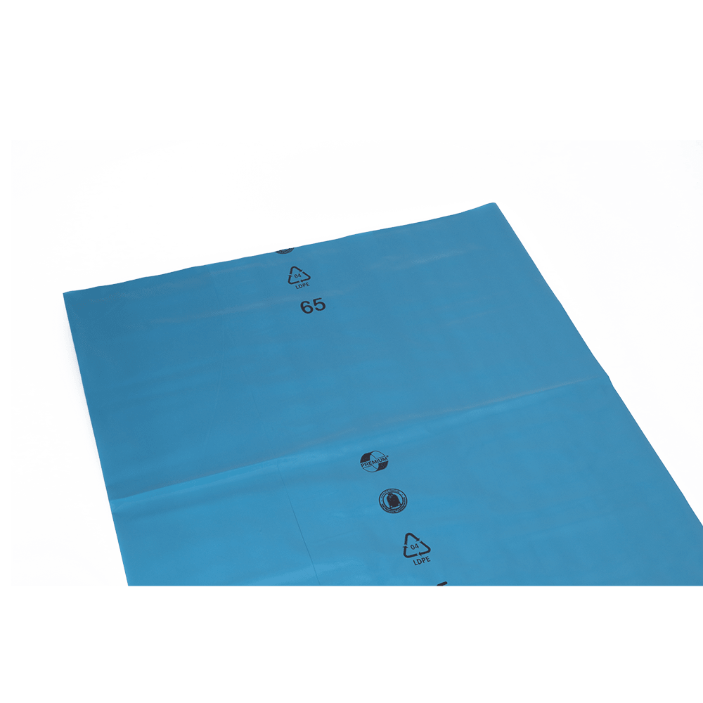 The DEISS 90036 (850x1250x0.06 mm, blue) from EMIL DEISS KG is a large blue plastic sheet with recycling symbols and the number 65 in black, ideal for professional garbage bags. Pictured on a solid white background. Carton contains 200 pieces.