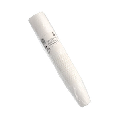 A pack of 100 Starpak drinking cups (0.2 l, Ø 7.03 cm, 9.9 cm, white) made of lightweight PP, packaged in transparent foil with barcode and label - perfect for daily use.