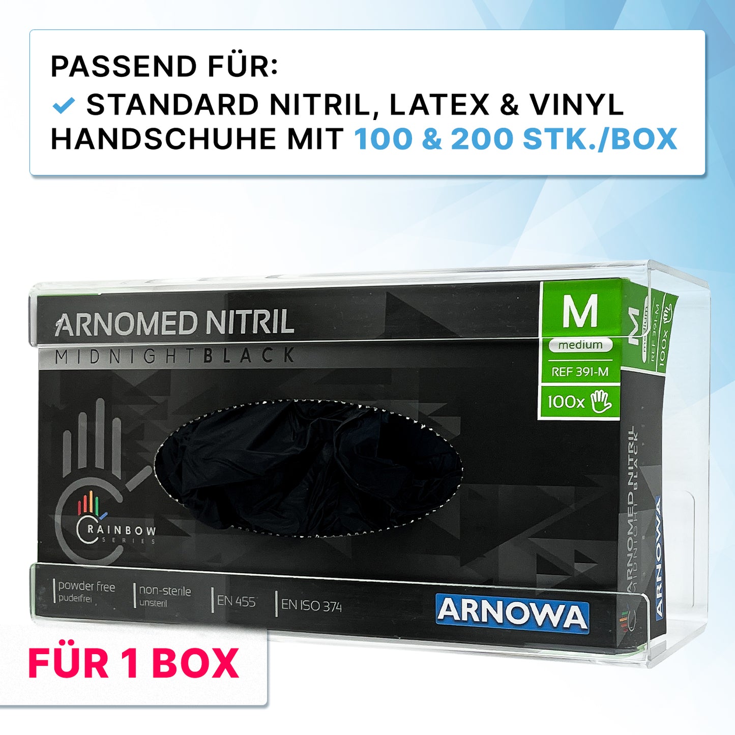The ARNOMED glove dispenser from ARNOWA GmbH is a transparent acrylic glove holder for 3-fold filling - ideal for neat storage and quick removal of disposable gloves.