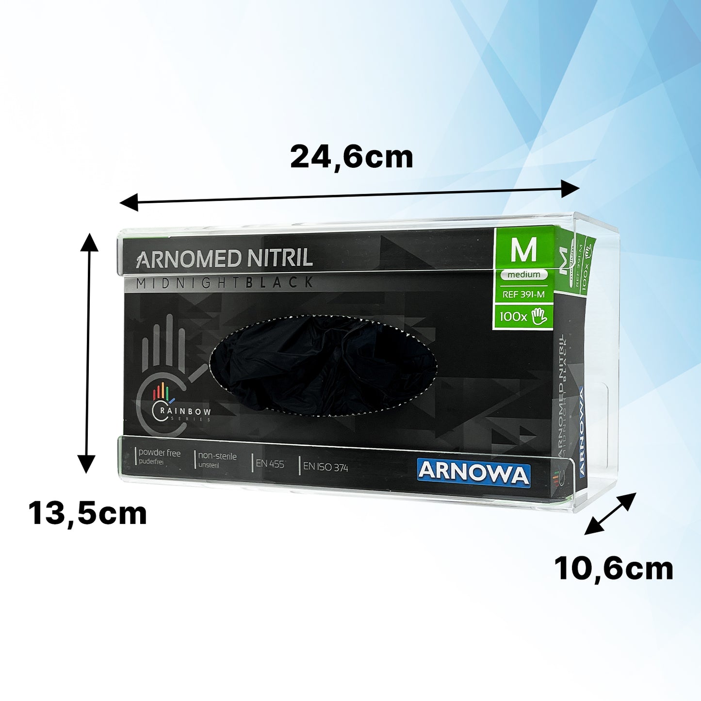 The ARNOMED glove dispenser for 3-fold filling from ARNOWA GmbH made of transparent acrylic (24.6x13.5x10.6 cm) stylishly and visibly presents medium-sized Arnomed Nitrile Midnight Black disposable gloves in the dispenser.