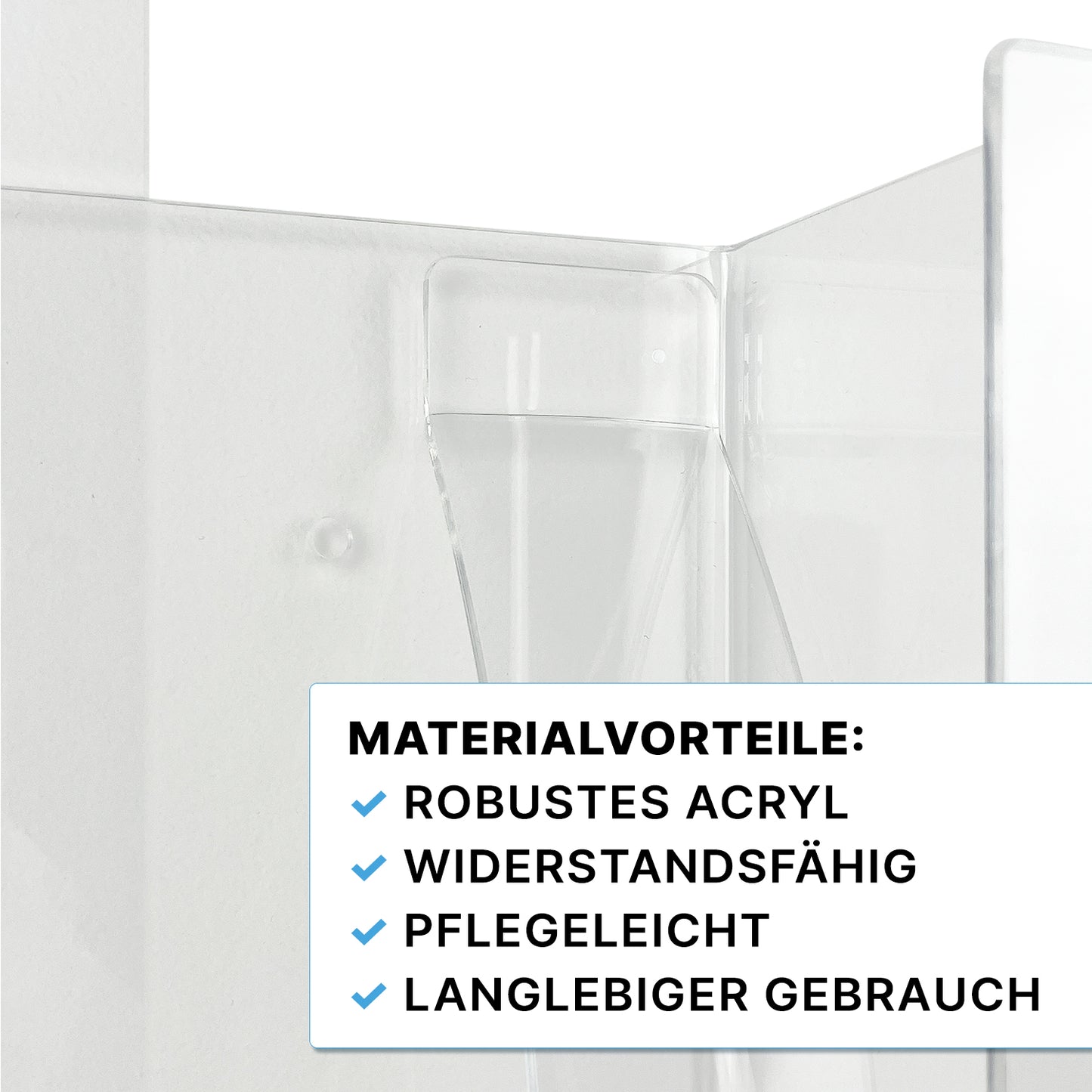 Close-up of the ARNOMED glove dispenser for 3-fold filling from ARNOWA GmbH: a transparent, robust acrylic holder for storing disposable gloves - durable, easy to care for, and long-lasting.
