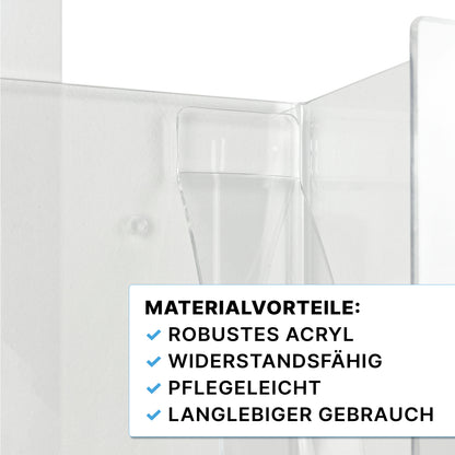 Close-up of the ARNOMED glove dispenser for 3-fold filling from ARNOWA GmbH: a transparent, robust acrylic holder for storing disposable gloves - durable, easy to care for, and long-lasting.