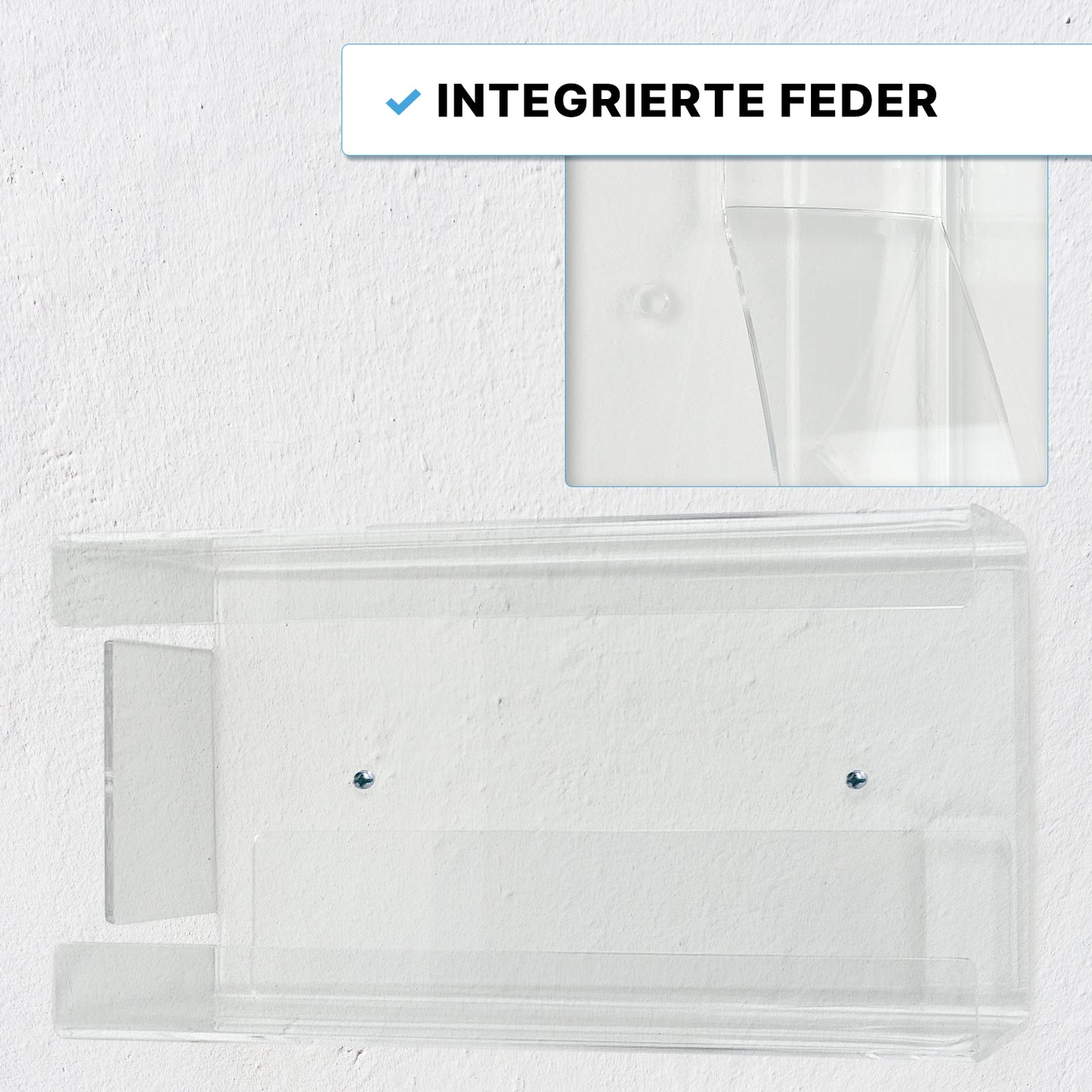 The ARNOMED glove dispenser for 3-fold filling from ARNOWA GmbH made of transparent acrylic is mounted with two screws on a white wall. A detailed image shows the integrated spring. Text: "Integrated spring."
