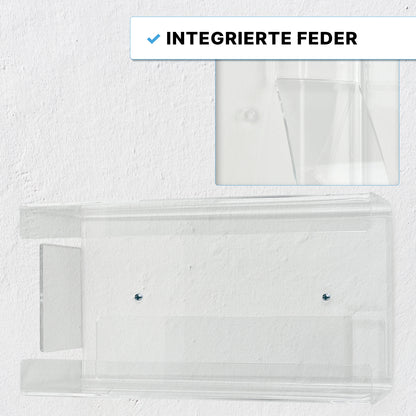 The ARNOMED glove dispenser for 3-fold filling from ARNOWA GmbH made of transparent acrylic is mounted with two screws on a white wall. A detailed image shows the integrated spring. Text: "Integrated spring."
