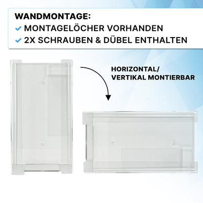 Two transparent ARNOMED glove dispensers from ARNOWA GmbH for 3-fold filling are shown, one standing, one lying. German text info: pre-drilled holes, screws and dowels included - perfect for flexible storage of disposable gloves.