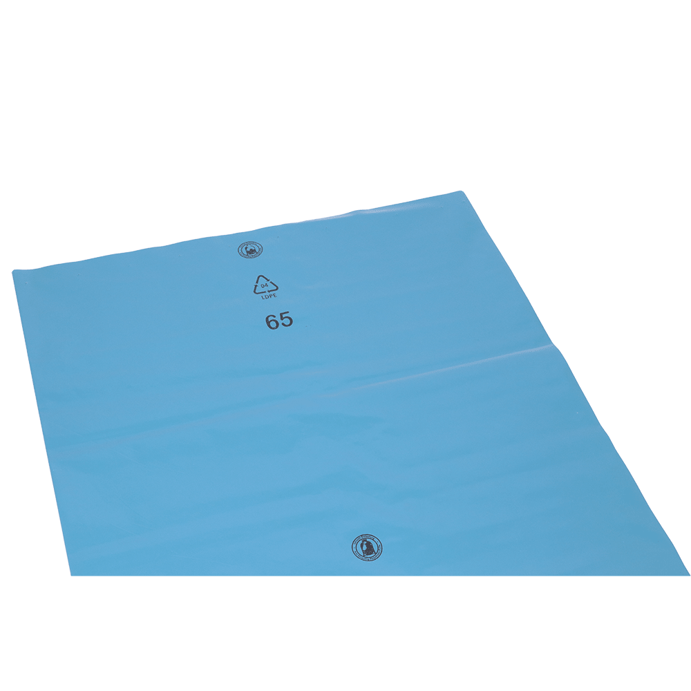 The EMIL DEISS KG refuse sacks made from recycled LDPE 140 l are flat, rectangular blue plastic bags with a black, circular recycling symbol "65", ideal for environmentally friendly waste disposal. Delivered as 150 rolls per carton.