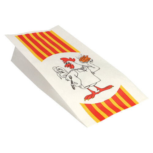 The Starpak 100 chicken bags made of paper with HDPE insert "Grill Chicken" are white with yellow-red stripes and a cartoon chicken - ideal for environmentally friendly serving of grilled chicken.