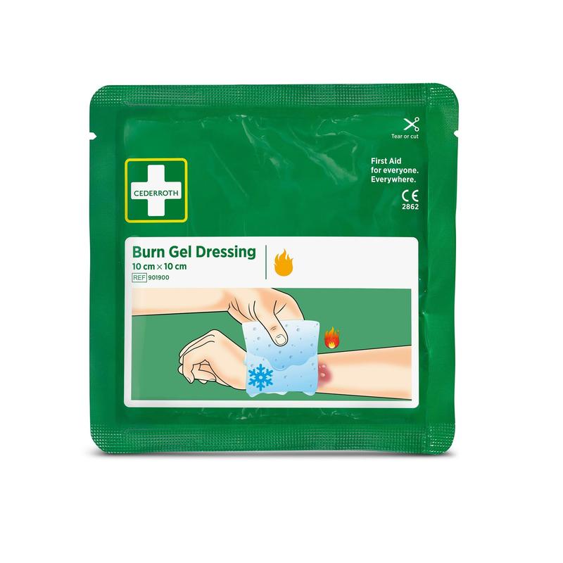 A green package from Orkla Wound Care AB with the inscription "Cederroth burn gel dressing 10x10 cm, 2-pack" shows a hand applying a cooling gel pad to burns, with flame and snowflake symbols highlighting the first aid use. The package contains 2 pieces.