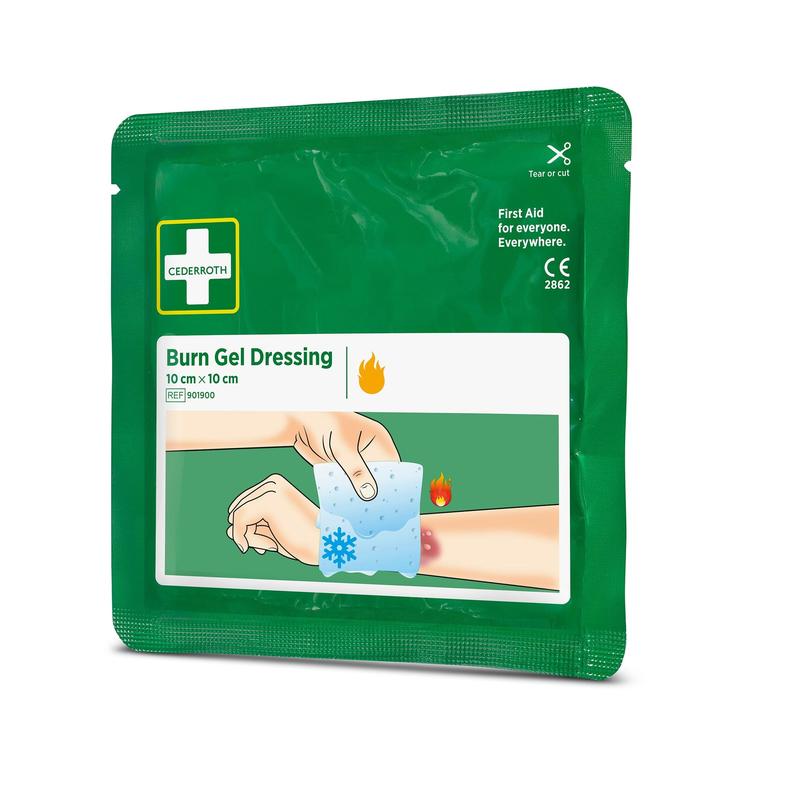 A green package of Cederroth burn gel dressing 10x10 cm, 2-pack (2 pieces) from Orkla Wound Care AB shows a hand applying the pad to an arm burn, with fire and ice symbols for first aid for burns.
