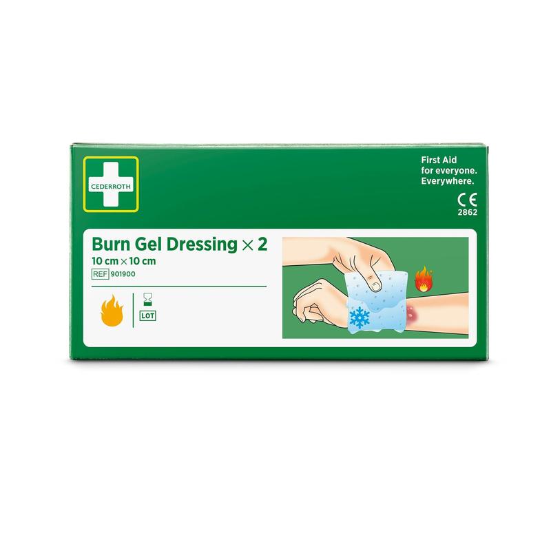 A package (2 pieces) of Cederroth burn gel dressing 10x10 cm from Orkla Wound Care AB. The box shows first aid for burns with flame and cooling symbols for quick pain relief.