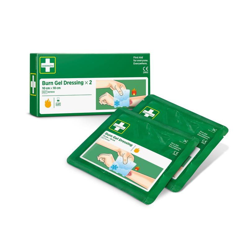 Two green packages of Cederroth burn gel dressing 10x10 cm, 2-pack from Orkla Wound Care AB are depicted in front of the box, showing hands applying the dressing, as well as symbols for CE certification, latex-free, and first aid for burns.