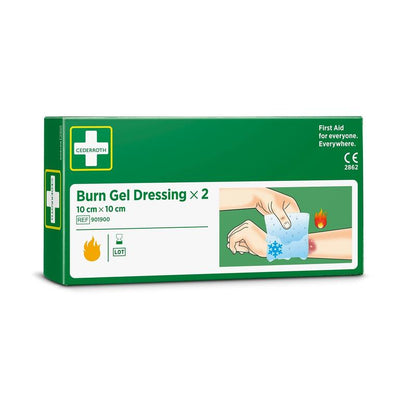 A green-white box from Orkla Wound Care AB Cederroth Burn Gel Dressing 10x10 cm, 2-pack (2 pieces), shows an image of a cooling gel pad being applied to burns on an arm. The package contains two dressings.