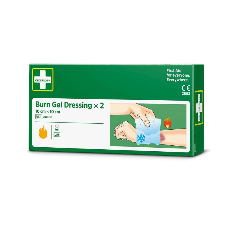 A green-white box with the inscription "Cederroth burn gel dressing 10x10 cm, 2-pack | Package (2 pieces)" from Orkla Wound Care AB shows hands applying the dressing to a forearm burn, with first aid symbols and treatment illustrations.