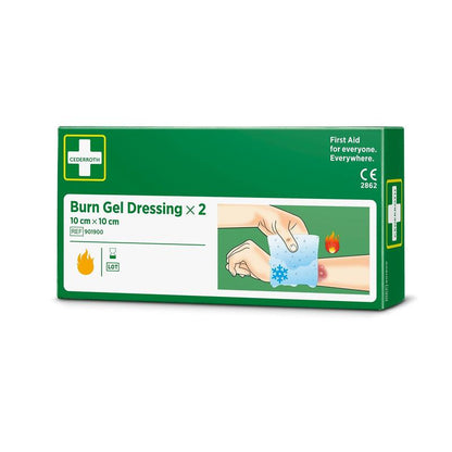 A green-white box with the inscription "Cederroth burn gel dressing 10x10 cm, 2-pack | Package (2 pieces)" from Orkla Wound Care AB shows hands applying the dressing to a forearm burn, with first aid symbols and treatment illustrations.