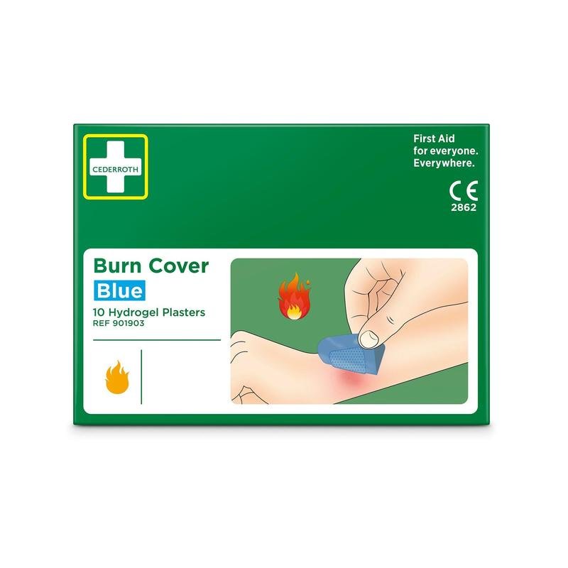 A green box with the label "Cederroth burn cover, blue, hydrogel plaster, 10 pieces" by Orkla Wound Care AB contains 10 plasters. The image shows a hand applying a blue plaster to a burn on the arm, with a flame symbol for use on burns.