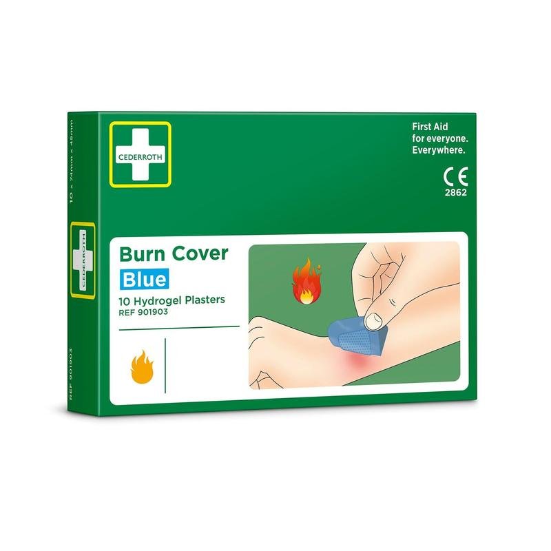 A green box with the label "Cederroth burn cover, blue, hydrogel plaster, 10 pieces" by Orkla Wound Care AB shows a hand applying a blue hydrogel plaster to burns next to a flame symbol. The package contains 10 plasters and is marked with the Cederroth logo.