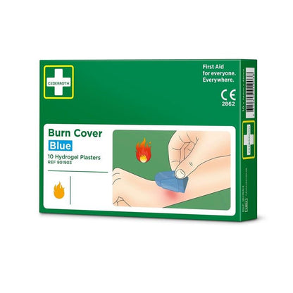 A green box with the label "Cederroth Burn Cover, blue, hydrogel plaster, 10 pieces" by Orkla Wound Care AB contains 10 plasters. The image shows a hand applying a blue plaster to a burn on an arm next to a flame symbol.