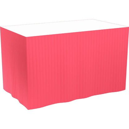A rectangular table with a white top is draped on three sides with a bright pink Duni GmbH Dunicel tableskirt (self-adhesive, 72 cm, 5 x 4 m), allowing for quick setup due to its self-adhesive design.