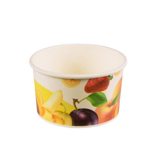 The Starpak 50 ice cream cup, round cardboard from Starpak is a white, environmentally friendly ice cream cup with bananas, strawberries, plums, and peaches in a colorful fruit pattern on a yellow-white background.