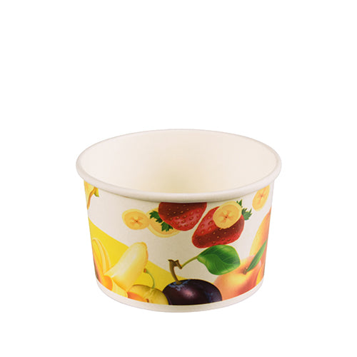 The Starpak 50 ice cream cup, round cardboard from Starpak is a small, empty cardboard cup with colorful fruit design - bananas, strawberries, plums, and peaches on white - perfect for sustainable serving of ice cream.