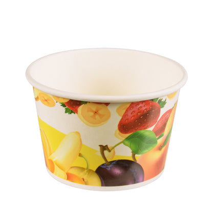 The Starpak 50 ice cream cup, round cardboard from Starpak is a small, empty disposable ice cream cup with a colorful fruit design - bananas, strawberries, plums, peaches, and apricots - on a yellow-white background. Perfect for stylish serving of ice cream.