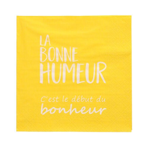 The PAPSTAR 20 napkins (33x33 cm, 3-ply, colorful) of the PAPSTAR GmbH feature the white French text "LA BONNE HUMEUR C'est le début du bonheur" in the center of the napkin.