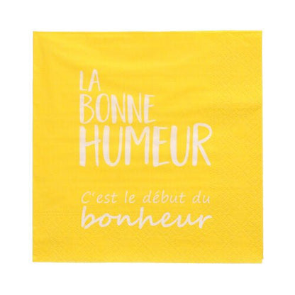 The PAPSTAR 20 napkins (33x33 cm, 3-ply, colorful) of the PAPSTAR GmbH feature the white French text "LA BONNE HUMEUR C'est le début du bonheur" in the center of the napkin.