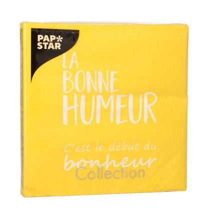 A pack of PAPSTAR 20 napkins, 33x33cm, 3-ply, 1/4 fold colorful by PAPSTAR GmbH, with bright colors and cheerful French texts - perfect to brighten up any occasion.