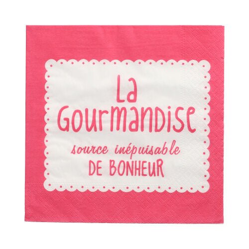 These PAPSTAR 20 napkins (33x33 cm, 3-ply, colorful) of the PAPSTAR GmbH are adorned with a pink-white wave border and the French phrase "La Gourmandise, source inépuisable de bonheur" - a lively touch for any occasion.